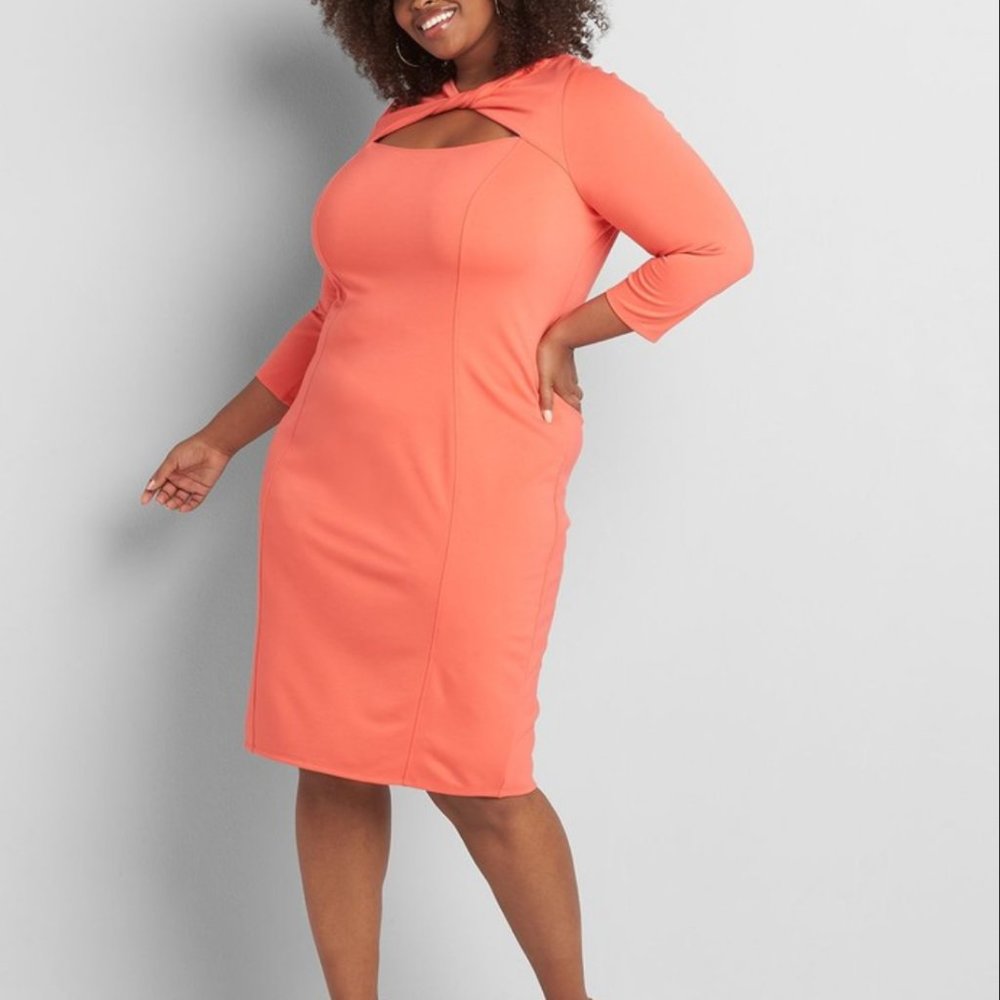 LANE BRYANT STARFISH CORAL PONTE TWIST-NECK KEYHOLE SHEATH DRESS